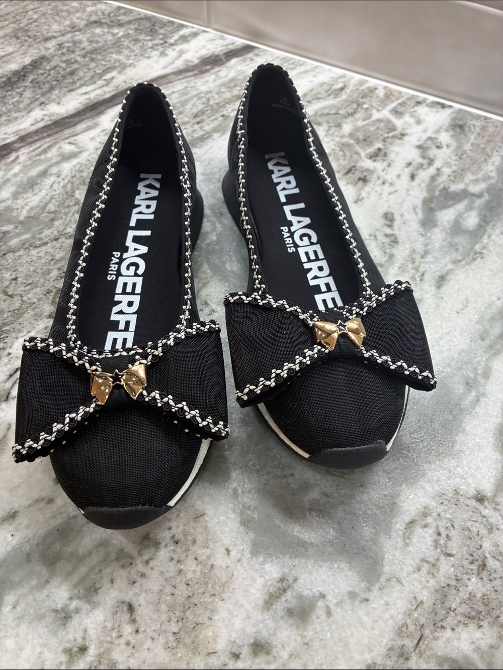 Karl Lagerfeld Black Ballet Flats with Chain-Trim Bow